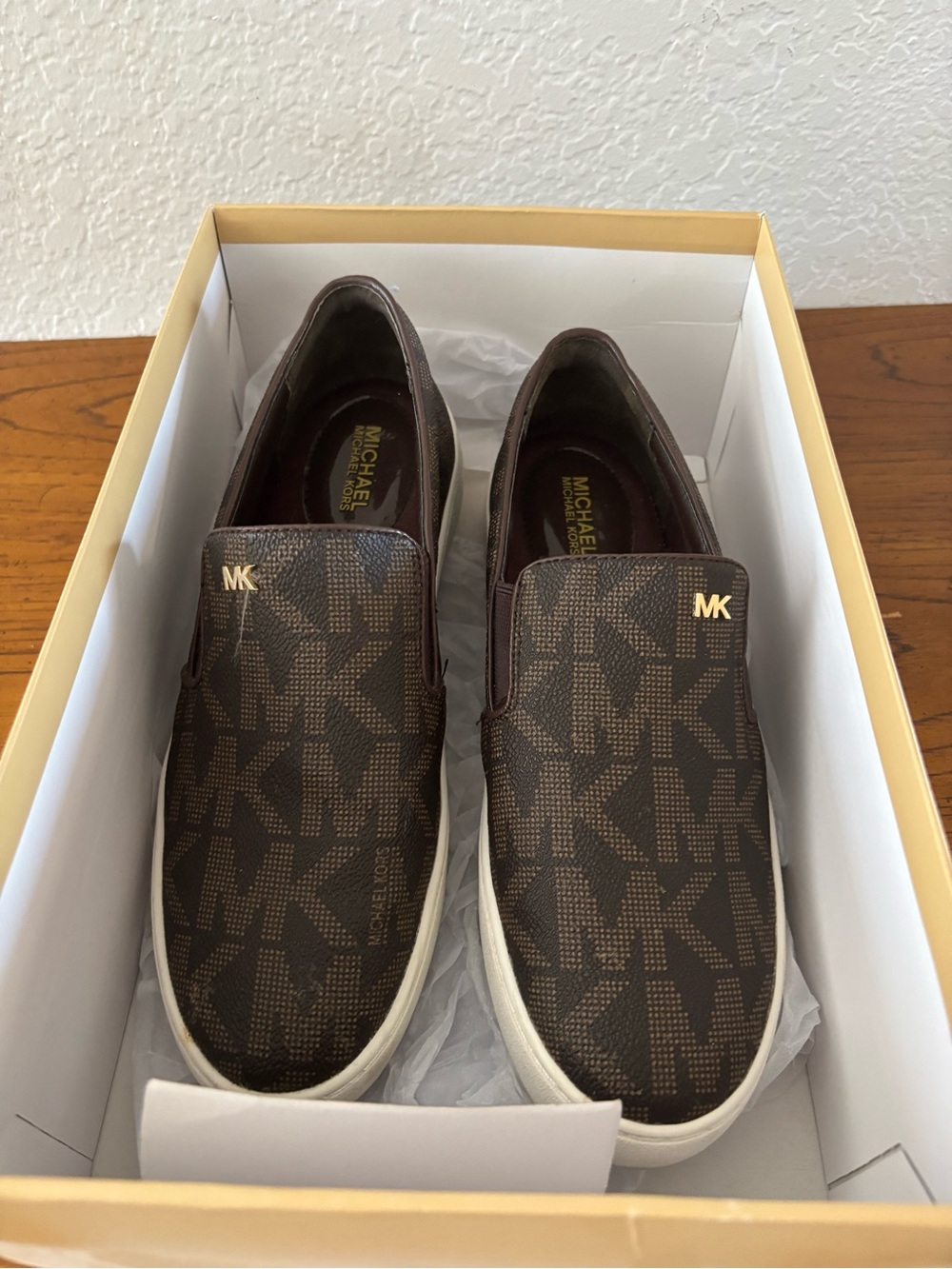 MICHAEL Michael Kors Brown MK Logo Slip-On Sneakers with Gold Accents